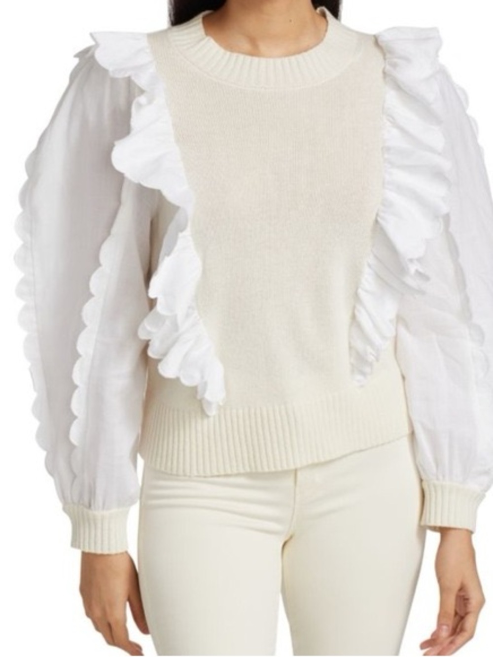 Sea New York Cream Ruffle Sleeve Knit Sweater Mixed Media Size S